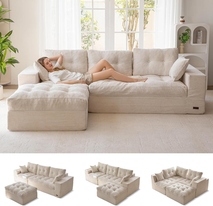 MAXYOYO 104" L Shaped Modular Sectional Sofa with Ottoman, Cloud Boneless Couch with Layered Cushion, Upholstered Sofa in a Box, Flexible Module Combination for Living Room, No Assembly, Beige