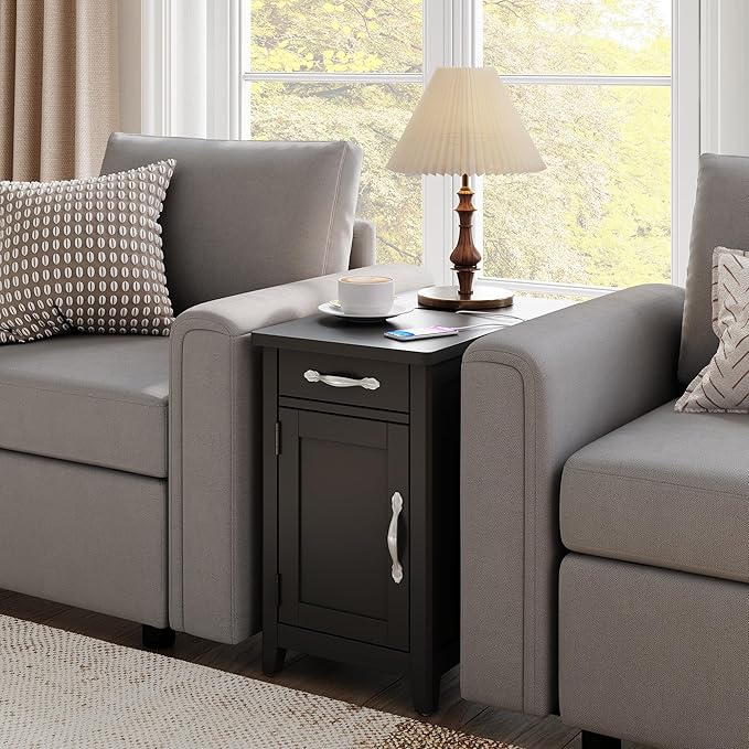 LINSY HOME Farmhouse End Table with Charging Station, Narrow Side Table for L...