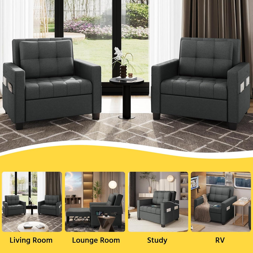 Yaheetech Sleeper Chair, Converts to Bed with USB Ports & Pocket, Dark Gray