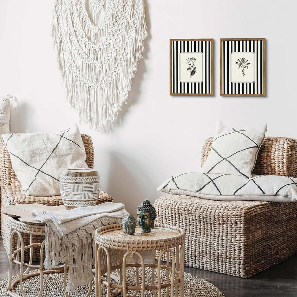Framed Vintage Botanical Wall Art Set of 2, Black and White Striped Floral Ca...