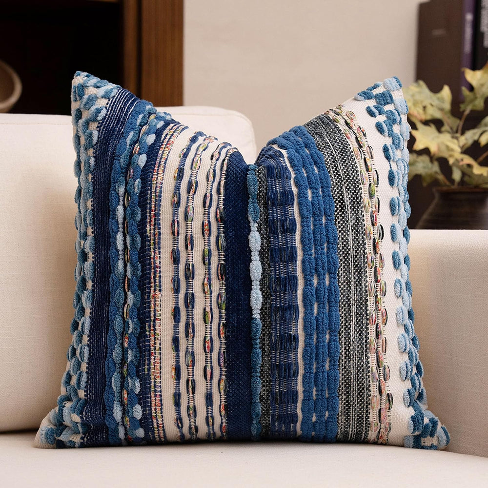 Boho Chenille Tufted Throw Pillow Covers 18x18 Inch Set of 2 Farmhouse Blue W...