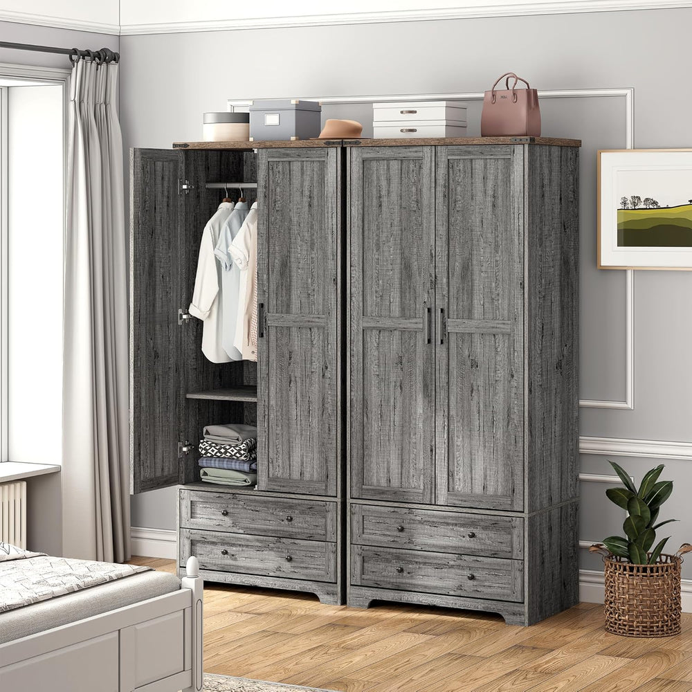 Brafab Wooden Armoire Wardrobe Closet with Drawers, Grey, 71" Tall,Set of 2
