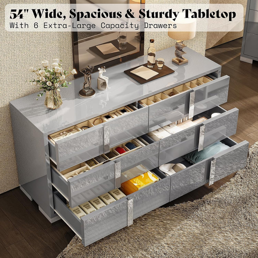 AMERLIFE 6 Drawer Dresser, Modern Storage Chest, High Gloss Finish, Grey