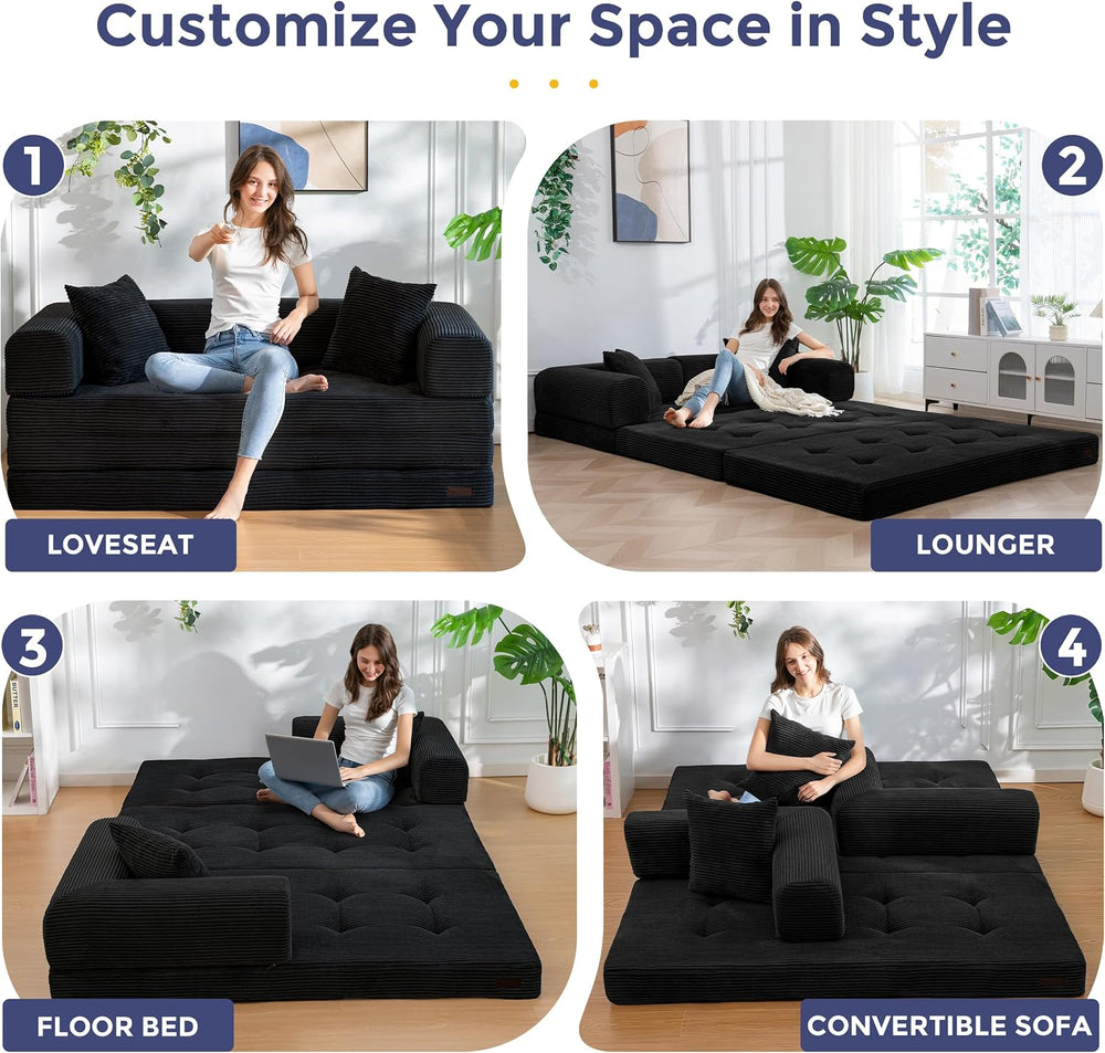 MAXYOYO 63" Convertible Sofa Bed, Boneless Futon Couch Floor Sofa, Black