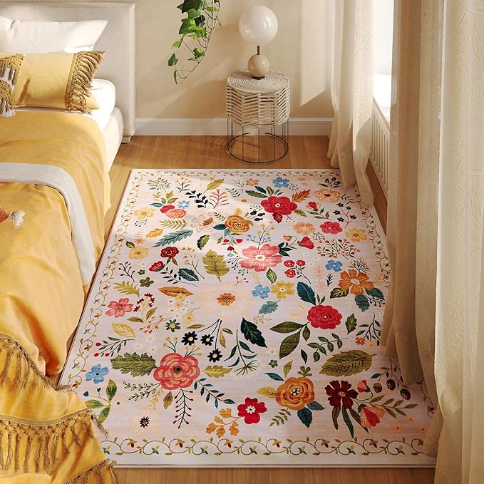 Rugcomf Bedroom Rug 3x5 Rug Washable Area Rug Non Slip Low Pile Boho Floral - Image 2