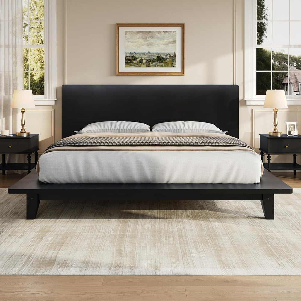 Full Size Japanese Wooden Bed Frame with Black Headboard