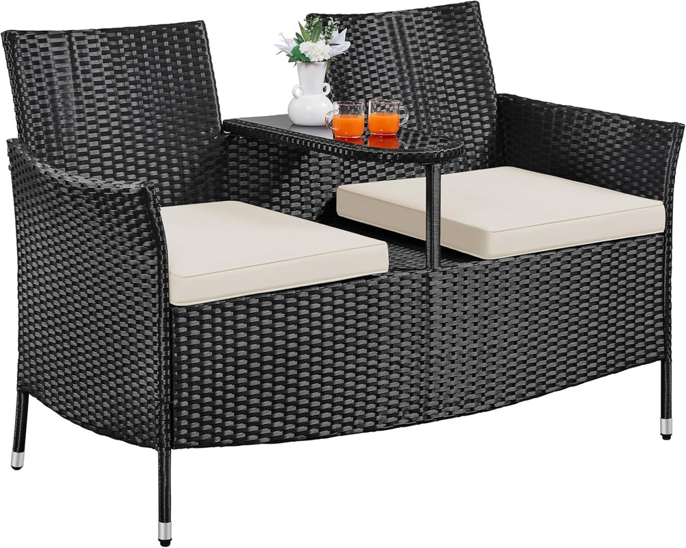 Yaheetech Patio Loveseat, Outdoor Wicker Double Chair w/Side Table