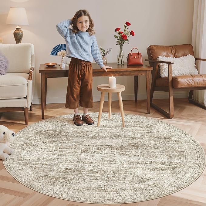 Soalmost 5x5 Brown Round Rug 5ft Living Room Circle Rug Vintage Round Area Rug by Soalmost