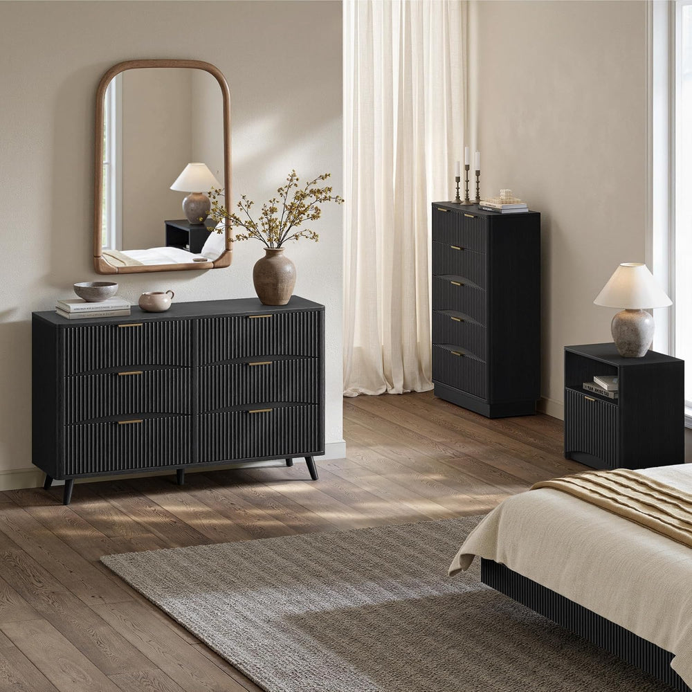 Evermagin 54 Inch Black 6 Drawer Dresser, Curved Fluted Chest of Drawers