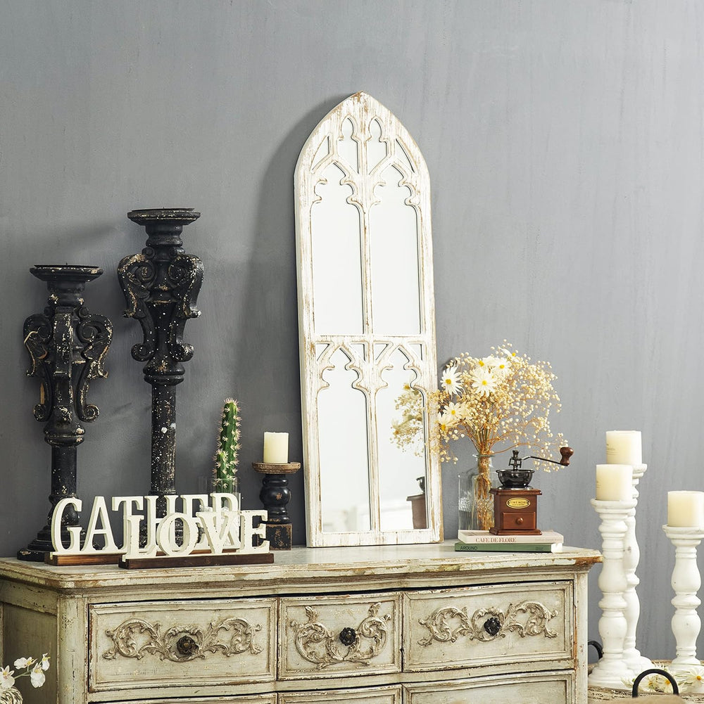 Farmhouse Wood Frame Arched Window Mirror 12 x 38 inches