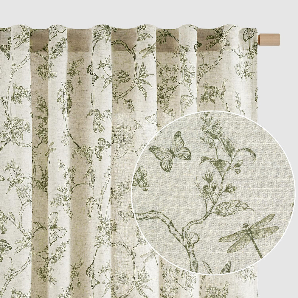 Lazzzy Green Floral Linen Curtains Farmhouse Rod Pocket 50W X 84L 2 Panels