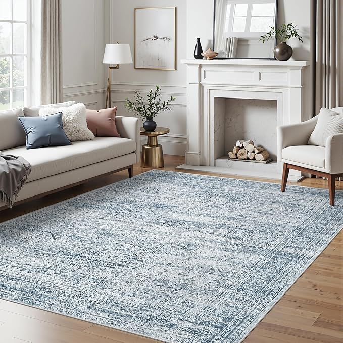 5x7 Area Rugs Blue Low Pile Indoor Washable Trendy Faded Style Rugs - Image 2