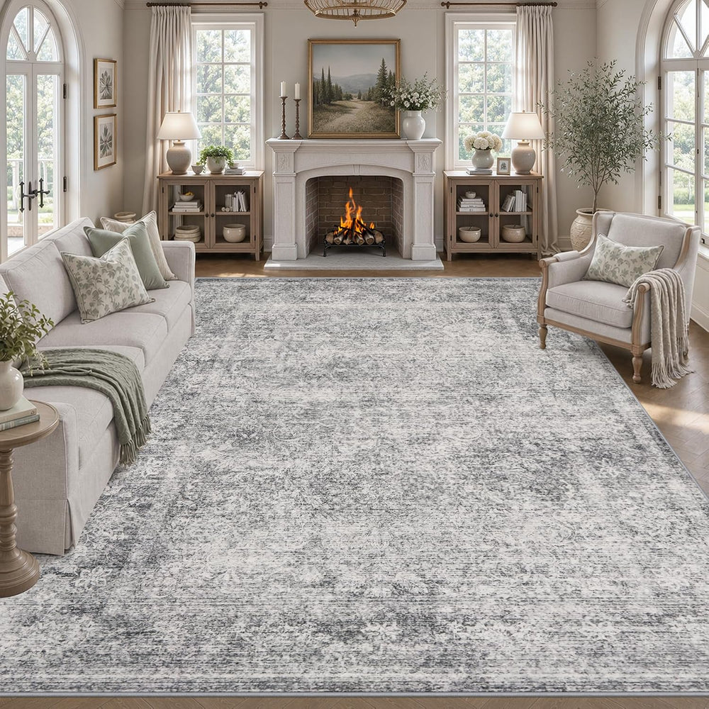 8x10 Area Rug Living Room:Washable Vintage Abstract Carpet Black Grey