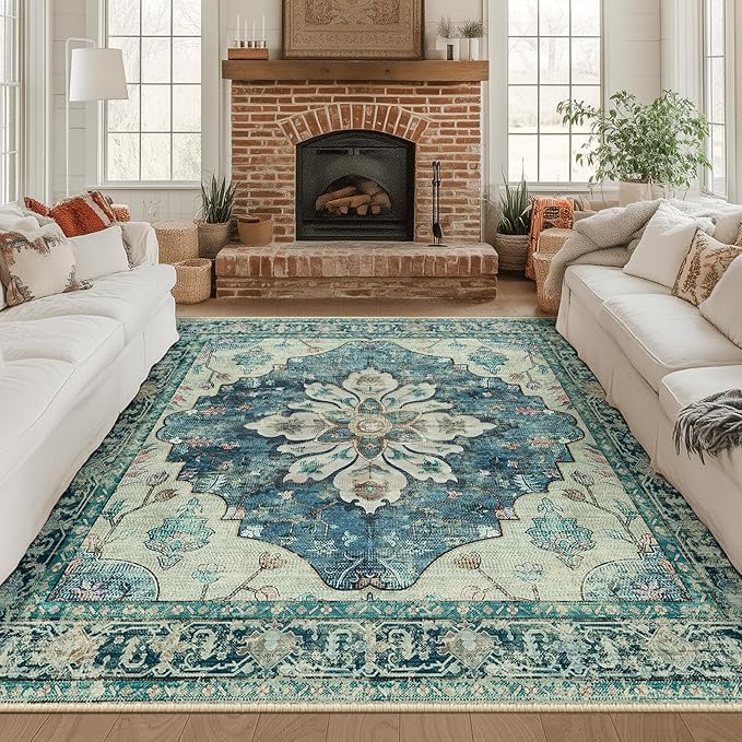 RELEANY Area Rugs Square 8ft Washable Non-Slip, Floral Vintage Distress Print by RELEANY