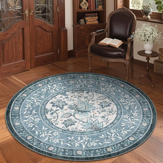 GarveeHome Misty Blue Botanical Grove 5ft Round Rug, Small Circle Vintage - Image 3
