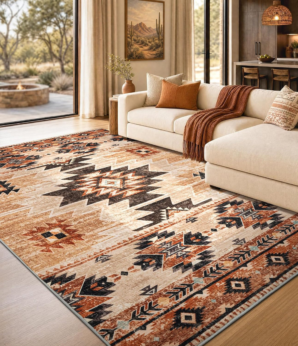 YIHOUSE 8’x10’ Washable Western Aztec Area Rug for Living Room, Terracotta