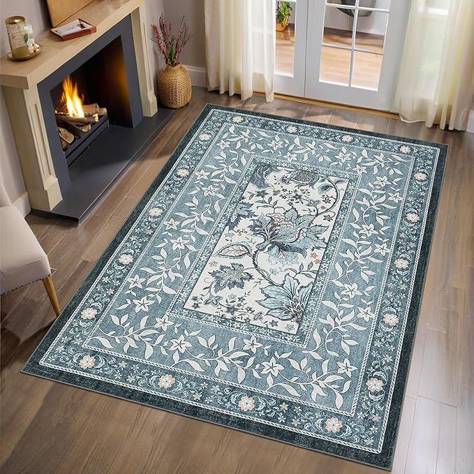 GarveeHome Provence Misty Blue 3x5 Rug Washable Non-Slip Low-Pile Indoor Rugs by GarveeHome