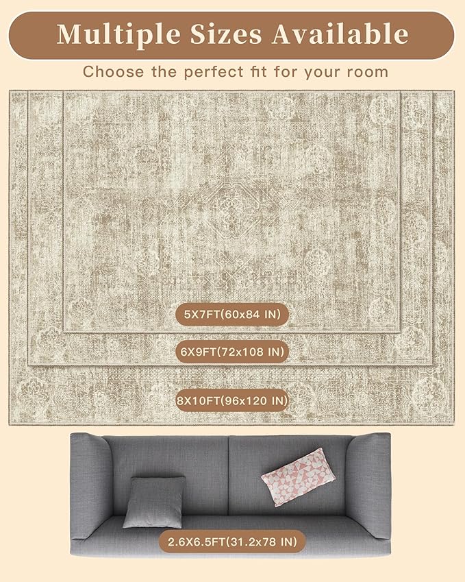 Madane 5x7 Area Rugs for Living Room, Washable Vintage Natural Beige Rug - Image 9