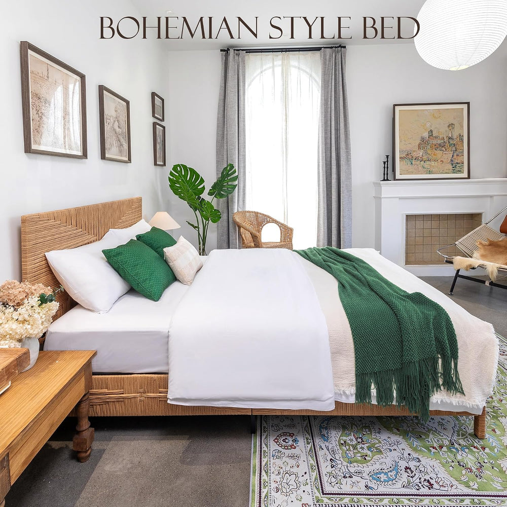 Queen Rattan Style Boho Bed Frame with Headboard and Footboard, Mid Century M...