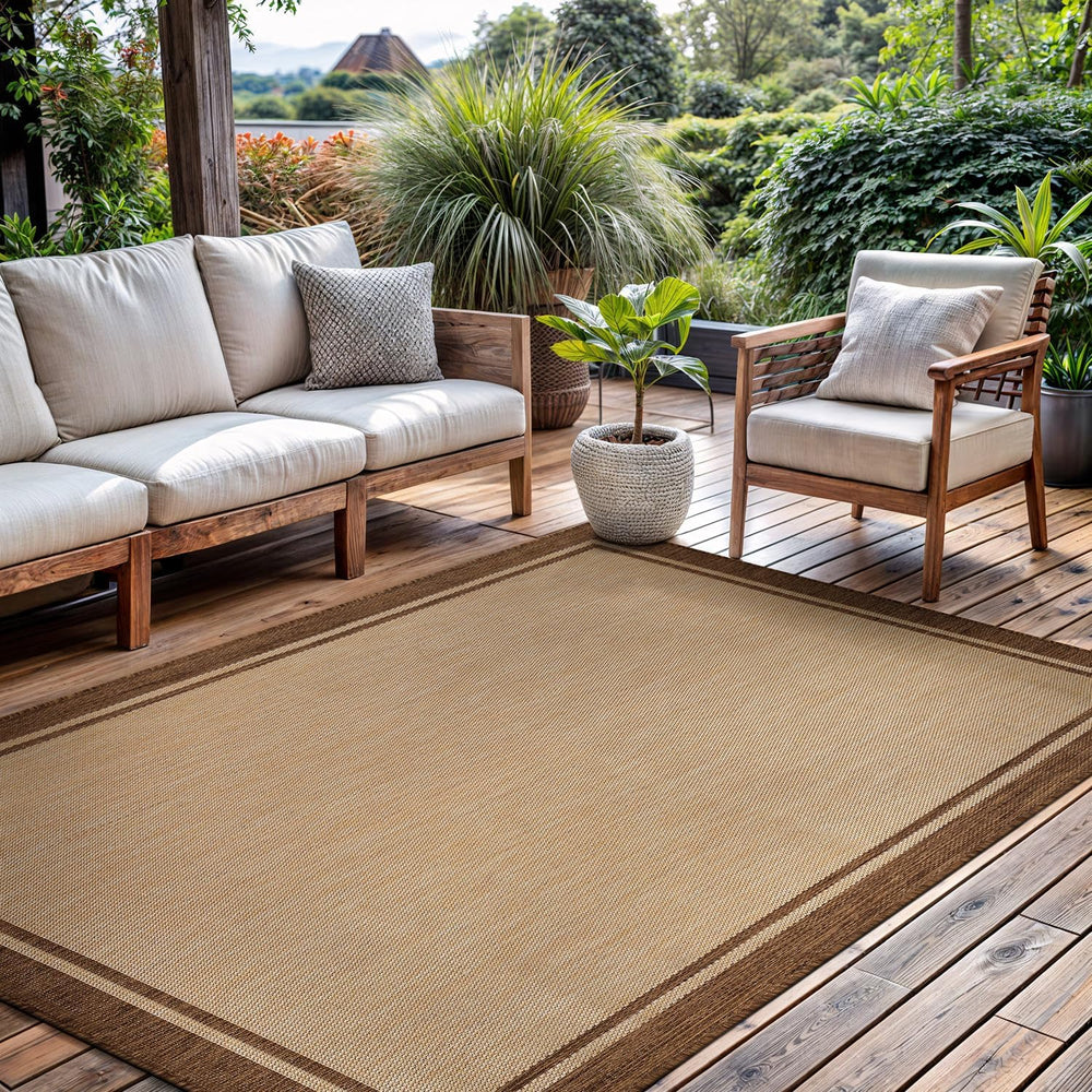 CAMILSON Outdoor Rug 5x7 Bordered Natural Brown Modern Area Rugs for Indoor a...