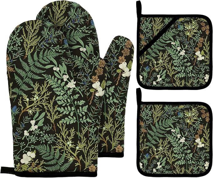Botanical Print Floral Oven Mitts and Pot Holders Sets Black Sage Green Leaves by Imvertu
