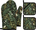 Botanical Print Floral Oven Mitts and Pot Holders Sets Black Sage Green Leaves by Imvertu