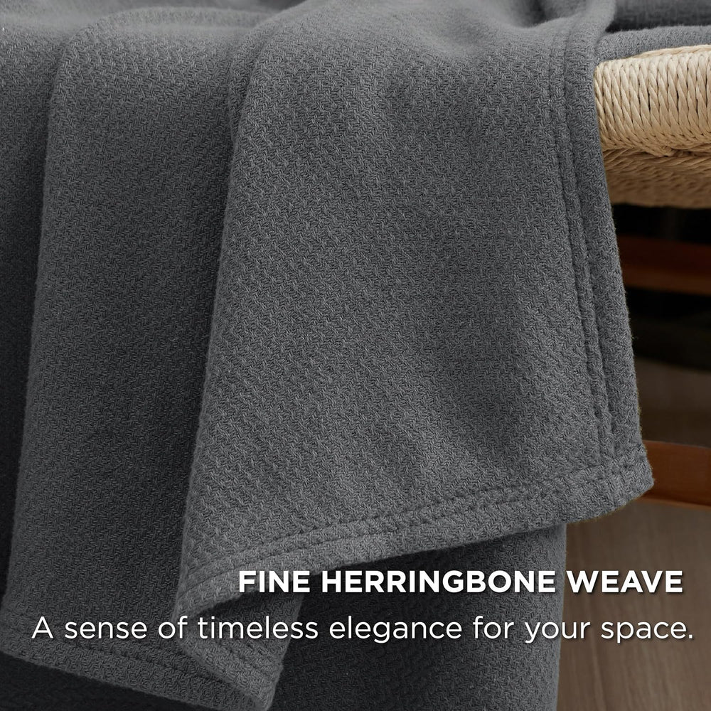 Bedsure 100% Cotton Blanket, Herringbone Weave, Queen Size, Dark Grey