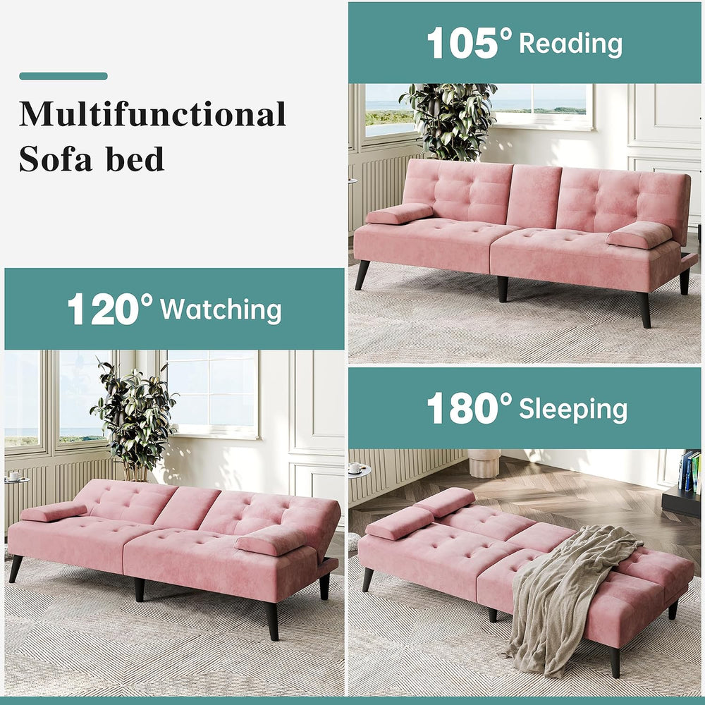 Futon Sofa Bed, 64 in Small Couch with Cup Holders, Pink