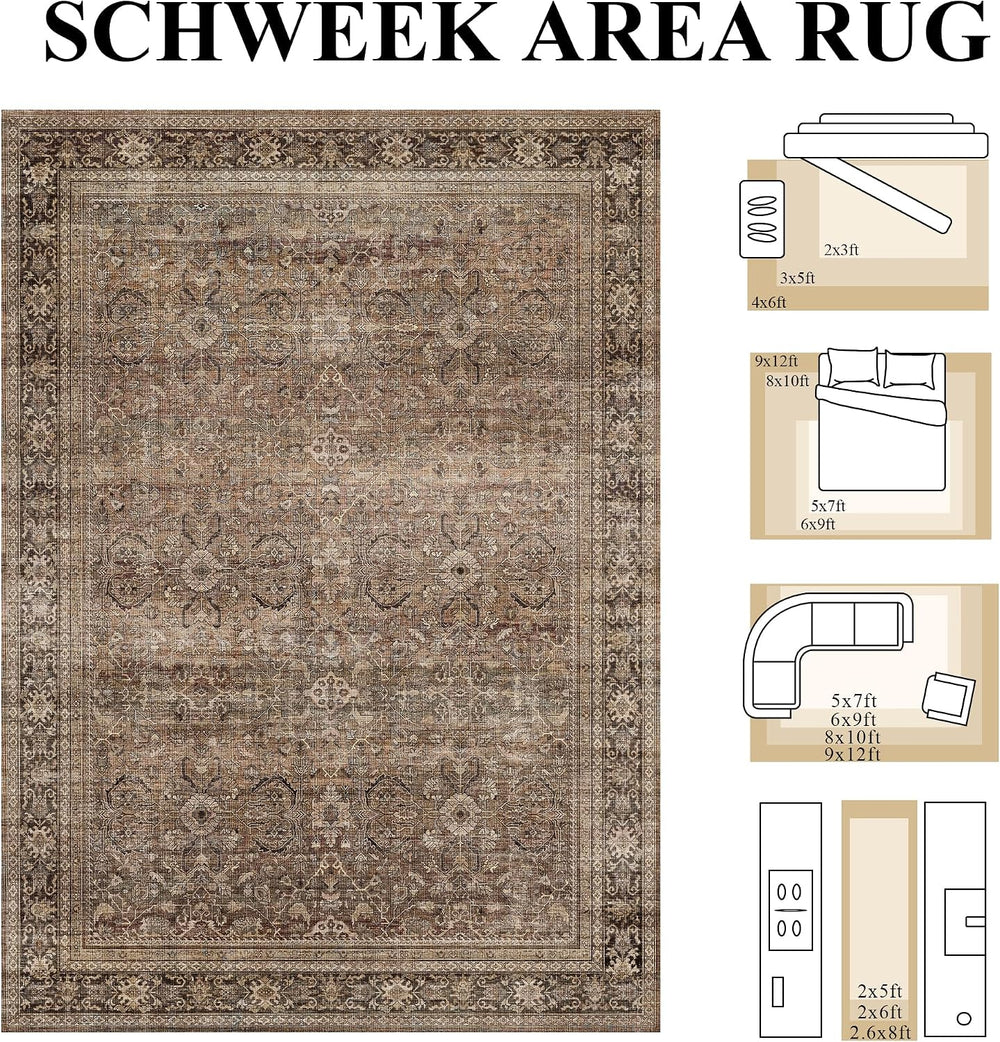 Schweek 10x14 Washable Area Rug Brown Neutral Vintage Distressed Large Rugs