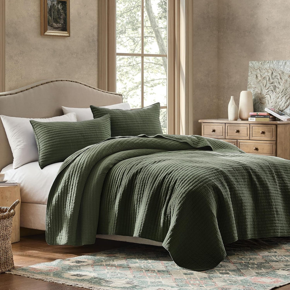 WDCOZY 100% Cotton King Size Quilt Set, Channel Pick Stitch, Olive Green