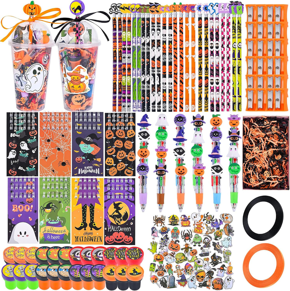 LiYiQ 24 Set 247 Pcs Halloween Party Favors Return Gifts for Party, Student Stationery Gifts from Teacher, Pencil Erasers Notebooks Stickers for Classroom Birthday Goodie Bags Rewards Prizes