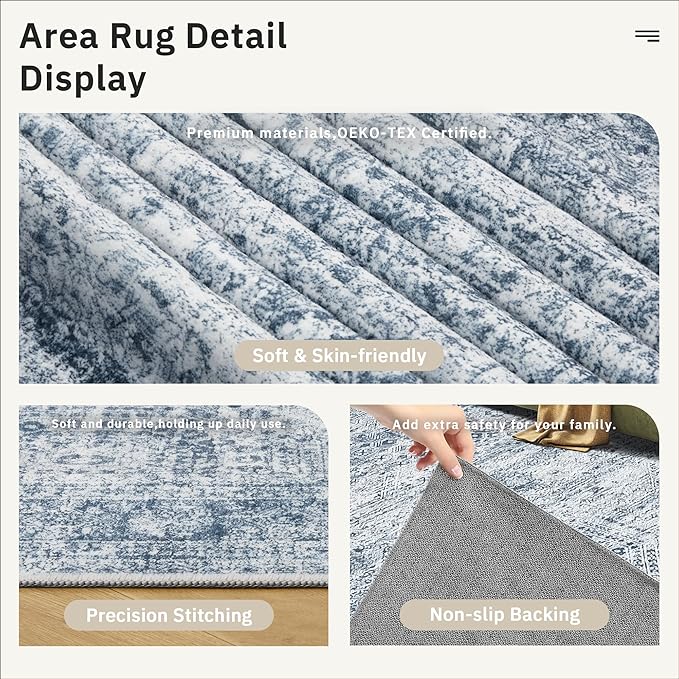 5x7 Area Rugs Blue Low Pile Indoor Washable Trendy Faded Style Rugs - Image 5