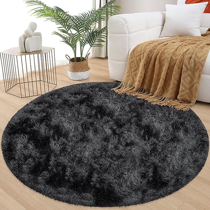 4x4 ft Tie Dye Black Round Rug for Bedroom Room Fluffy Circle Rug Furry Carpet - Image 3