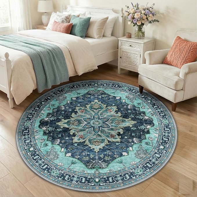 RELEANY Area Rugs 5ft Washable Non-Slip, Floral Vintage Distress Print Pattern by RELEANY