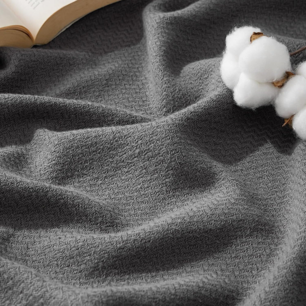 Bedsure 100% Cotton Blanket, Herringbone Weave, Queen Size, Dark Grey