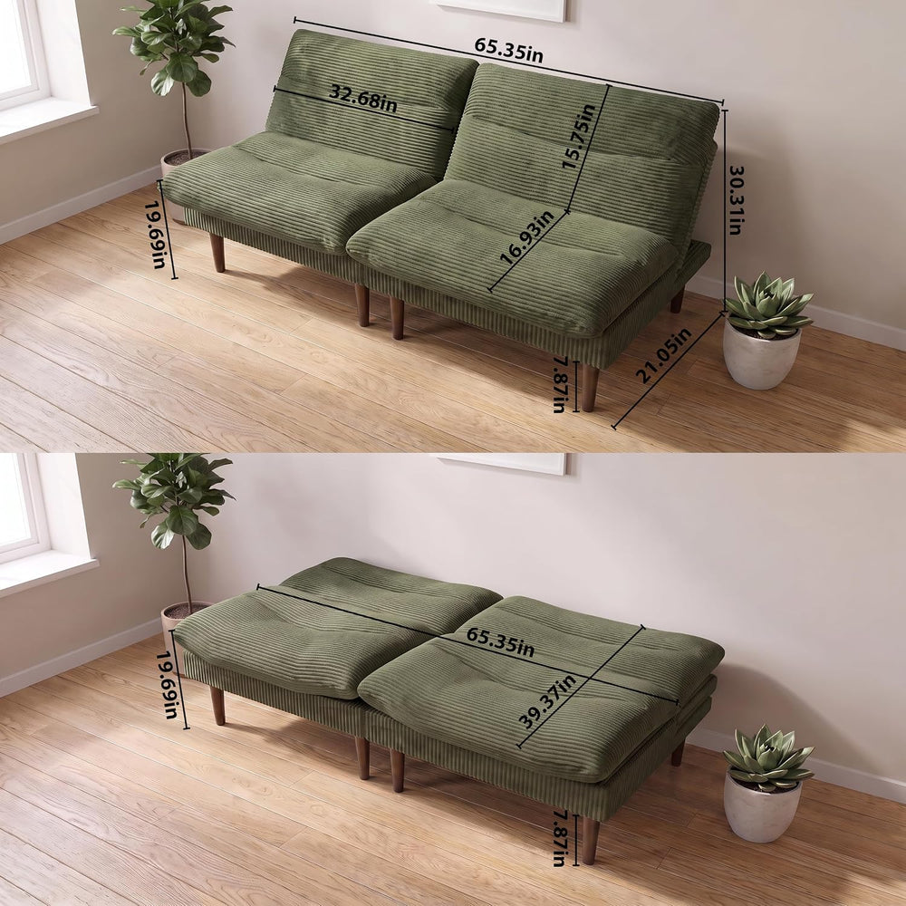 66 Inch Corduroy Futon Sofa Bed, Modular Sectional Sofa For Living Room
