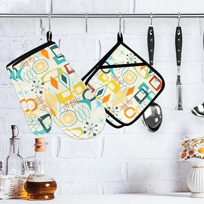 Mid Century Modern Oven Mitts and Pot Holders Sets Washable Oven Gloves Heat - Image 2