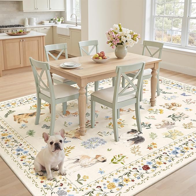 Dog 5x7 Area Rugs for Living Room, Machine Washable Animal Floral Vintage Rug - Image 4