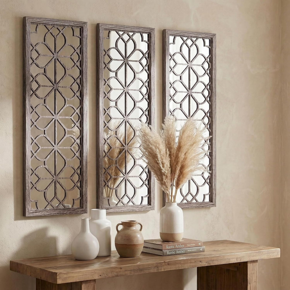 Set of 2 16x41.5 Inch Large Carved Floral Wood Frame Wall Mirrors, Shatterpro...