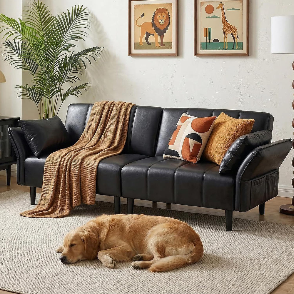 83" Mid Century Modern Futon Sofa Bed, Black Faux Leather Couch