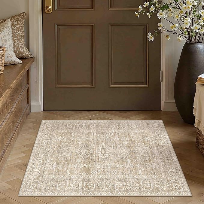 2x3 Washable Area Rug for Entryway Kitchen Vintage Beige Non Slip Low Pile Door - Image 3
