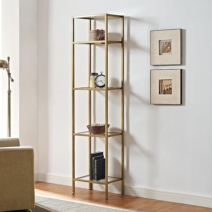 Crosley Furniture Aimee Narrow Bookshelf with Glass Shelves, Bookcase Storage...