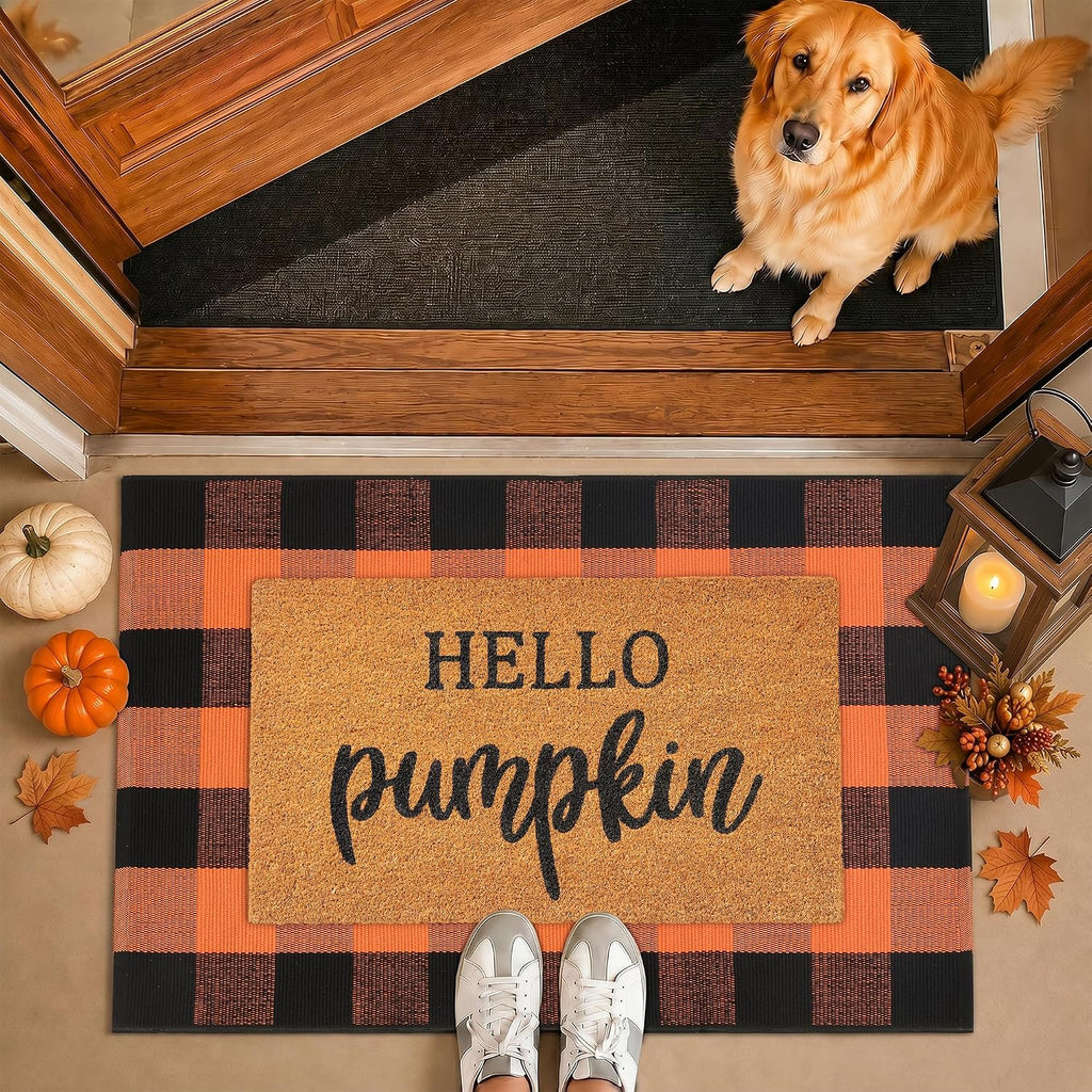 Fall Decor Door Mat Combo Set, 100% Coco Coir Welcome Mat + 28 x 43 Inches Orange and Black Plaid Rug- Fall Thanksgiving Front Porch Entryway Floor Doormat, Indoor Outdoor Autumn Mats Hello Pumpkin