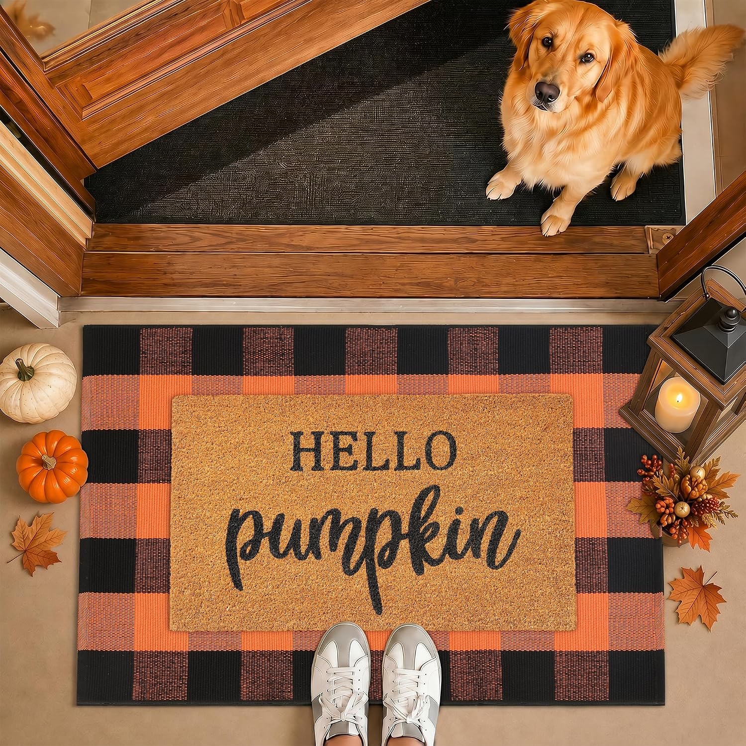 Fall Decor Door Mat Combo Set, 100% Coco Coir Welcome Mat + 28 x 43 Inches Orange and Black Plaid Rug- Fall Thanksgiving Front Porch Entryway Floor Doormat, Indoor Outdoor Autumn Mats Hello Pumpkin