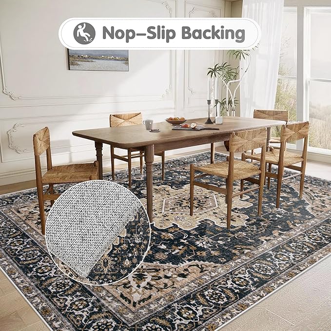 Area Rugs 5x7 Vintage Rug: Washable Living Room Rug Retro Medallion Distressed - Image 5