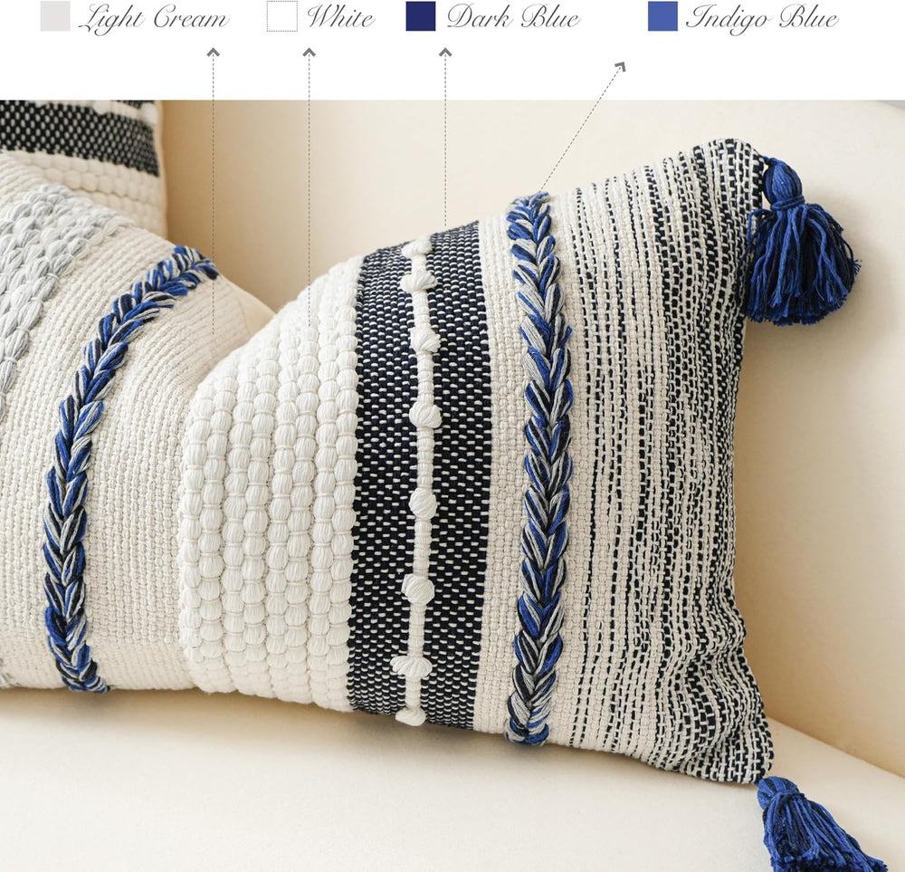 BlissBlush Navy Dark Blue Boho Decorative Lumbar Pillow Cover 14x36, Long Bod...
