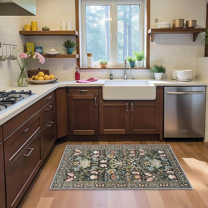 Washable 4x6 Bedroom Rug for Family: Non-Slip Floral Small Carpet for Living by HYHAOYUNLAI