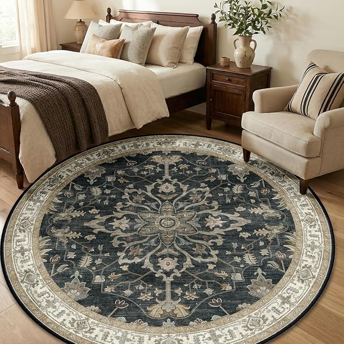 RELEANY Area Rugs Round 6ft Washable Non-Slip, Floral Vintage Distress Print - Image 2