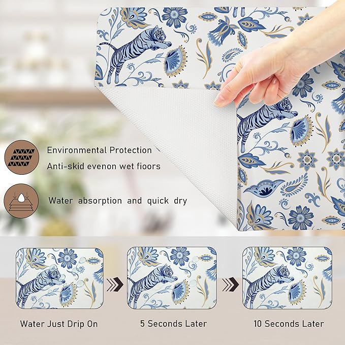 Blue and White Floral Tiger Dish Drying Mat, Chinoiserie Tiger Coffee Bar Mat - Image 7