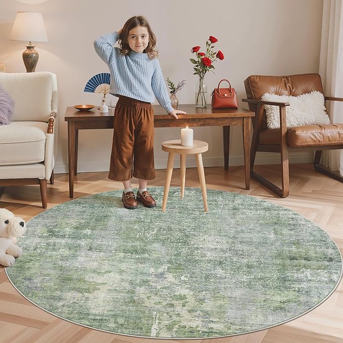 Soalmost 5x5 Green/Ivory Round Rug 5ft Living Room Circle Rug Vintage Round by Soalmost